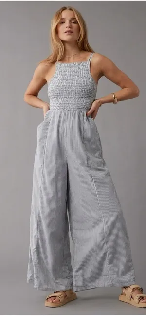 American Eagle Outfitters Jumpsuit 2XL XXL Striped Smocked Lined Wide Leg Cotton thumbnail 1