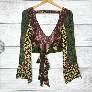 Z&L Boho Floral V-Neck Wrap Tie Long Sleeve Festival Crop Top Size Small thumbnail 8