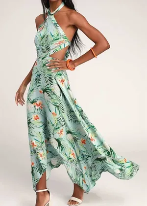 NEW!! Lulus St Tropez Mint Blue Leaf Print Halter‎ Dress thumbnail 1