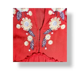 Free People Red Embroidered Long Sleeve Mini Dress Tiered Gauzy Boho Cottagecore thumbnail 5