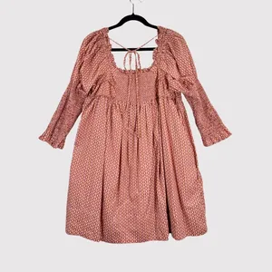 Free People Mini Dress Red Star Dip Smocked Allover Print Loose A Line Large thumbnail 3
