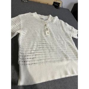 Sonoma Goods For Life White Open-Knit Collared Short Sleeve Pullover Sweater M thumbnail 3
