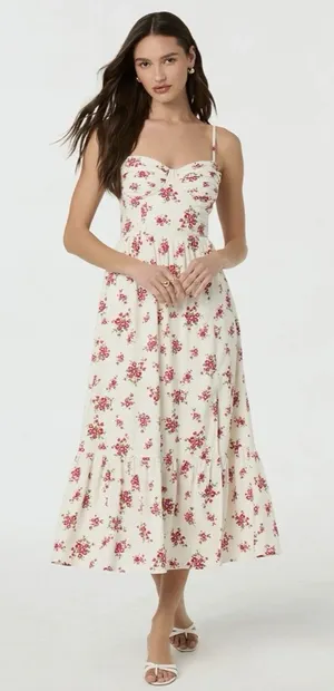 ASTR The Label Ivory Pink Red Floral Pleated Sweetheart Midi Dress Strappy M thumbnail 1