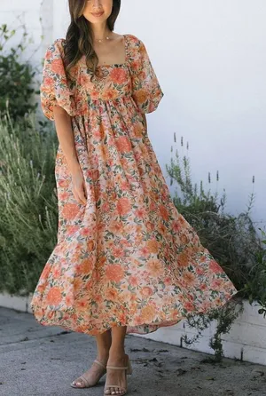 Storia Estelle babydoll maxi dress in orange tan shimmer floral size XS thumbnail 1