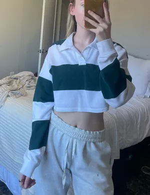H&M Cropped Rugby Shirt White & Green thumbnail 2