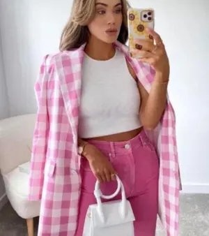 Zara Oversized Gingham Print Blazer Jacket Pink/White Size XS NEW thumbnail 5
