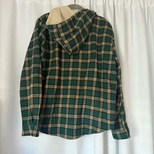 Green Plaid Flannel Sherpa Lined Shacket Hoodie thumbnail 2