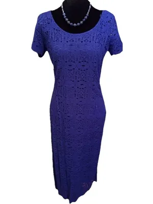 Roz & Ali Royal Blue Lace Sheath Midi Dress Size 12 Short Sleeve thumbnail 3