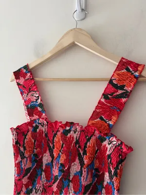 SNDYS Revolve Red Floral Smocked Midi Dress Bodycon Square Neck Ruffle thumbnail 4