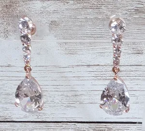 Dangle Earrings For Pierced Ears - Rose Gold Tone & Clear Gems thumbnail 1
