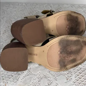 Vince Camuto Penina new tortilla leather stone tan cream block sandal heels sz 7 thumbnail 6