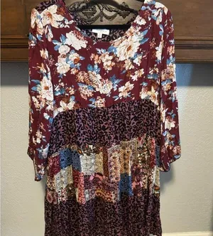 Umgee Red Casual Dress with 3/4 Bishop Sleeves and Scoop Neck thumbnail 1