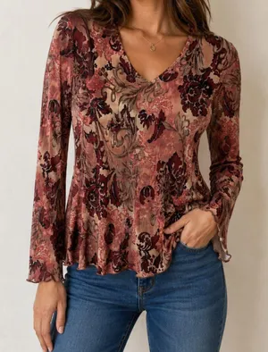 Y2K Plissé Sheer Floral Long‎ Sleeve Top Boho Fairy Grunge S thumbnail 1