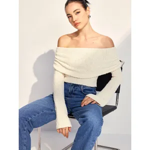 Commense Plush Ivory Casual Stretch Off Shoulder Knit Sweater Top XS thumbnail 3