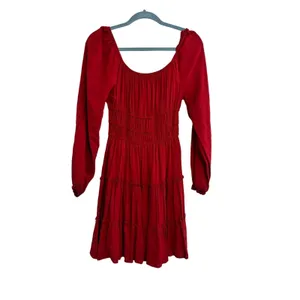 Altar'd State Mini Dress Cottagecore Red Smocked Tiered Long Sleeve‎ Medium NWT thumbnail 2