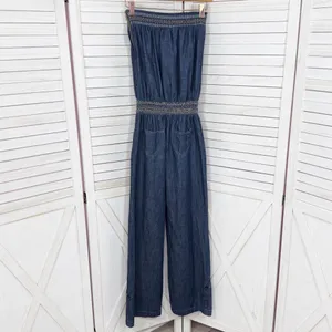 Poetry‎ Boho Smocked Strapless Wide Leg Chambray Jumpsuit Denim Blue Small thumbnail 9