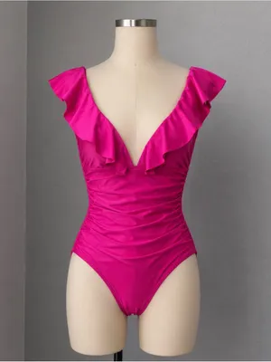 #S10 - J. Crew Ruffle Plunge One Piece Swimsuit Ruched Hot Pink Size 2/XS thumbnail 4