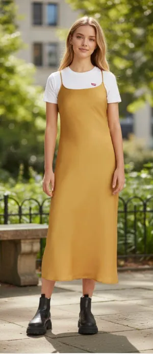 NWT LEVI'S DALIA SLIP DRESS Mustard Yellow GOLD Satin XL thumbnail 1