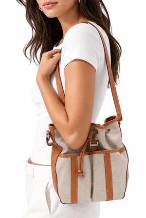 Tommy Hilfiger Bucket Bag Womens Medium Drawstring Beige Tan Canvas Excellent thumbnail 1