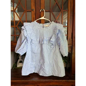 English Factory‎ Blue White Striped Smocked Ruffle Puff Sleeve Top thumbnail 2