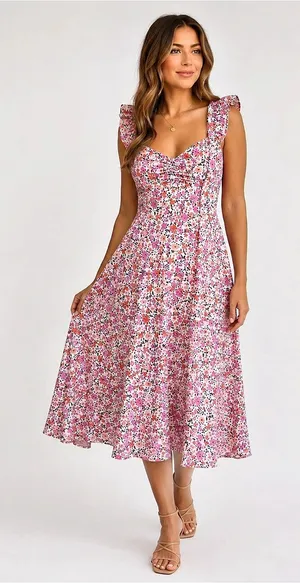 Fensace Floral Ruffle Strap Ruched Midi Sundress Pink Size M thumbnail 1