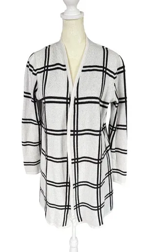 Loft Petite black and off white striped long sleeve open cardigan sweater MP thumbnail 1