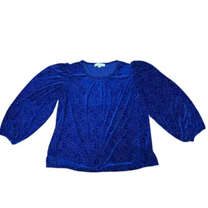LOFT Blouse Blue Velvet Burnout Damask Puff Sleeve Holiday Party Romantic L thumbnail 2