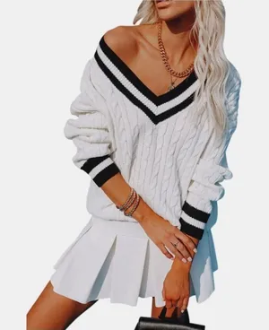 CHAPS White & Navy Preppy Academia V-Neck TENNISCORE Cable Knit Sweater XL thumbnail 1