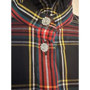 J. CREW Red Tartan Plaid Ruffle Blouse SizeSmall Jeweled ButtonUp Shirt Holiday thumbnail 3