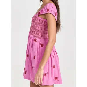 NWT Free People Tory Embroidered Mini Dress Pink Smocked Floral Boho Size Large thumbnail 9