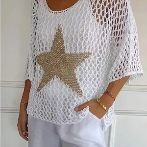NWOT White Mesh Top with Gold Star Size M thumbnail 1