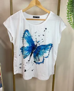 Size M White Butterfly Graphic T-Shirt Blue thumbnail 1