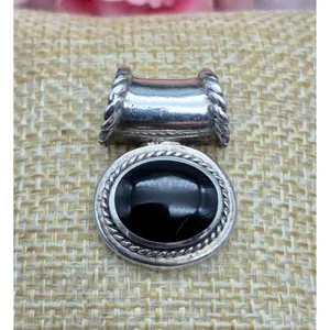 Vintage Sterling Silver 925 Oval Pendant Black Center Signed Thailand 7.22G thumbnail 3