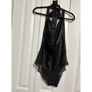 Moon Collection Sultry Satin Black Mesh Ruffle‎ Bow Halter Bodysuit Small thumbnail 7