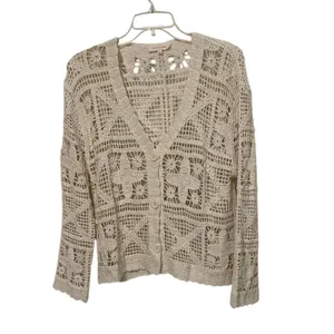 Solitaire Ivory Floral Cotton Crochet Button Front Cardigan Womens Size Large thumbnail 2