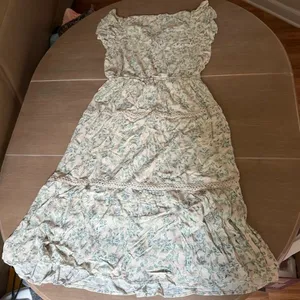 Lucky Brand Floral Maxi Dress M Blue Green Crochet Trim Boho Ruffle Sleeve thumbnail 2