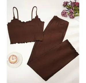 Solid Ribbed Pajama Set, Lettuce Trim Cami Top & Elastic Waistband Pants thumbnail 6