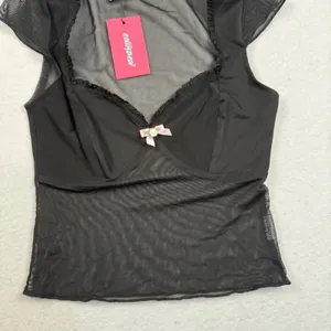 Edikted Mesh Top Womens XS Black Coquette Lace Trim Pink Bow‎ Goth S17276 New thumbnail 4