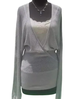 Cache Knit Silver Metallic Peek A Boo Faux Wrap Top New Banded Bottom $98 NWT thumbnail 9