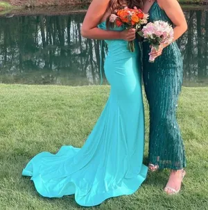 Teal prom dress with train Blue Size M thumbnail 5