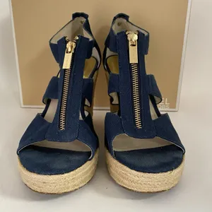 Michael Kors Womens Sz 9 Berkley Sandal Blue Wedge‎ Platform Espadrille Zip Up thumbnail 4
