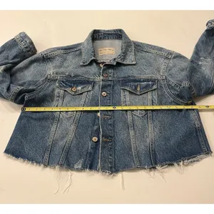 Free People Distressed Denim Jacket Cut-Off Frayed Edge Cropped Oversized sz S thumbnail 6