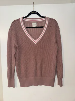 Varley Women’s V-Neck Knit Sweater Brown with Pink & White Detailing NWOT thumbnail 2