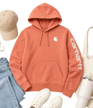 Carhartt Rose Clay Logo Sleeve Hoodie XS Relaxed Fit Pullover Sweatshirt Top EUC thumbnail 1