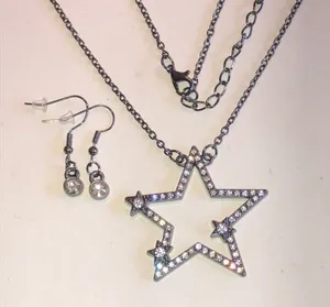 Dark Metal Star Outline Pendant Necklace Rhinestone Accents and Earrings Set thumbnail 1