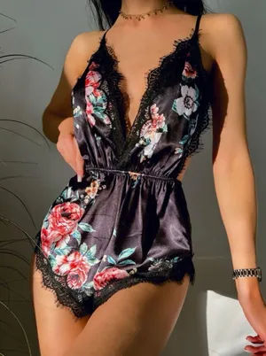 Boutique Floral Print Black Lace Trim Satin Teddy Bodysuit (M) New thumbnail 1