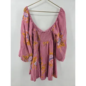 Free People Tunic Womens L OB1910773 Pink Floral‎ Boho Balloon Sleeve EXCELLENT thumbnail 3