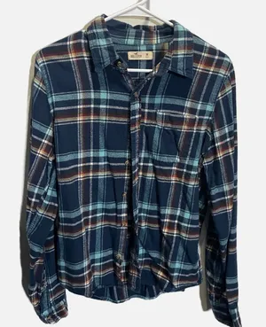 Hollister Womens Plaid Flannel Shirt Navy Blue Teal Button Down‎ Long Sleeve M thumbnail 1