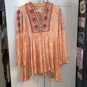 Anthropologie Claudia Embroidered Babydoll Tunic spring Boho Western peach thumbnail 4