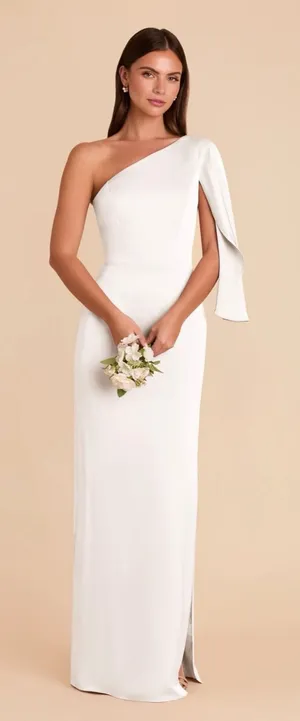NWT Birdy Grey Christine One Sleeve Matte Satin White Gown Size Small thumbnail 1